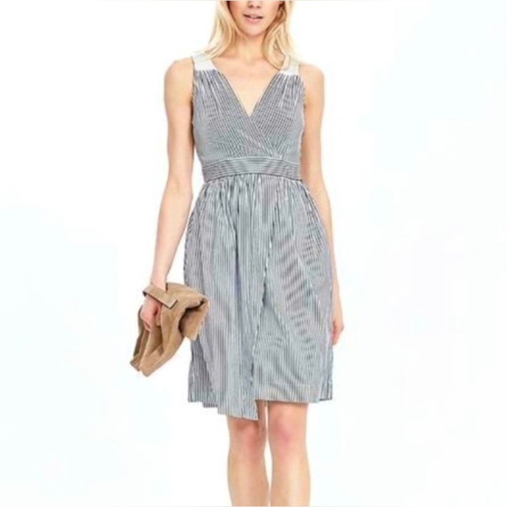 Banana Republic Striped Faux Wrap Dress Women Sz 12 Blue White Nautical Coastal